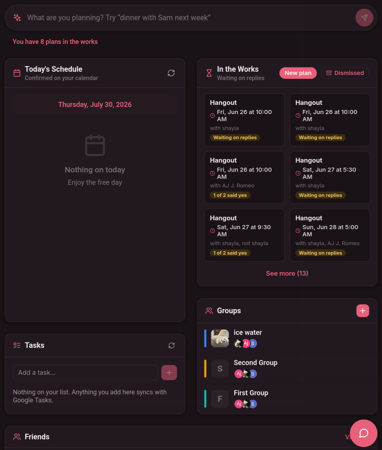 Dashboard showing upcoming hangouts and acceptance state